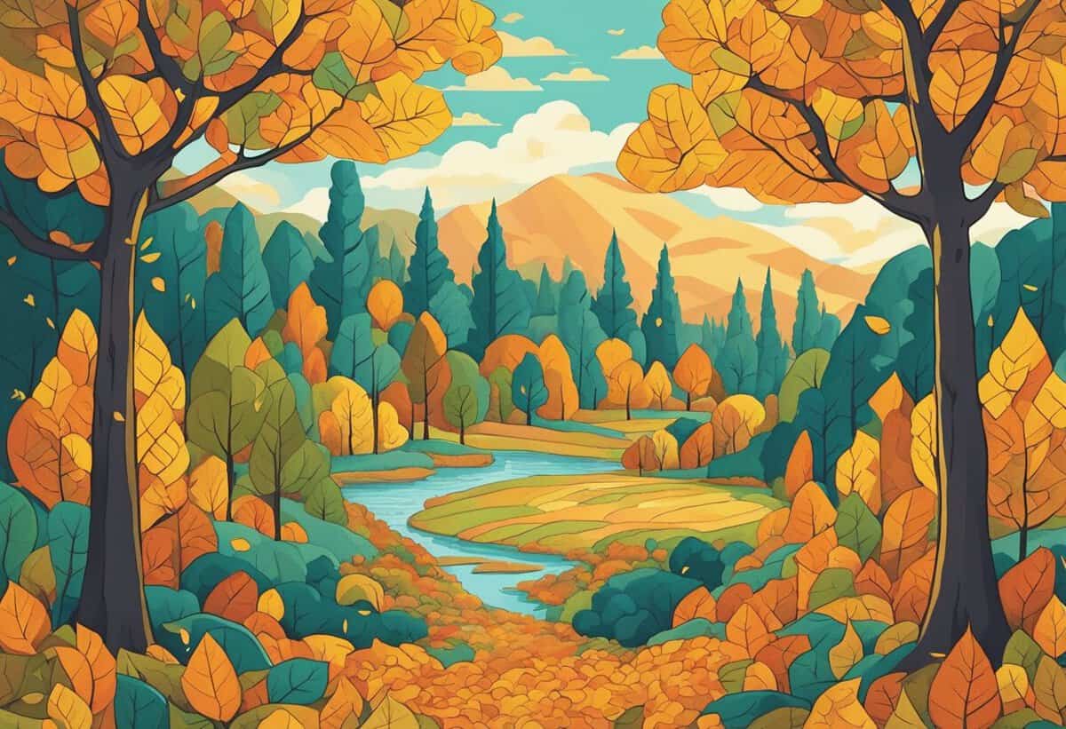 Illustration of an autumn landscape with colorful trees, a winding river, and distant mountains under a clear sky.