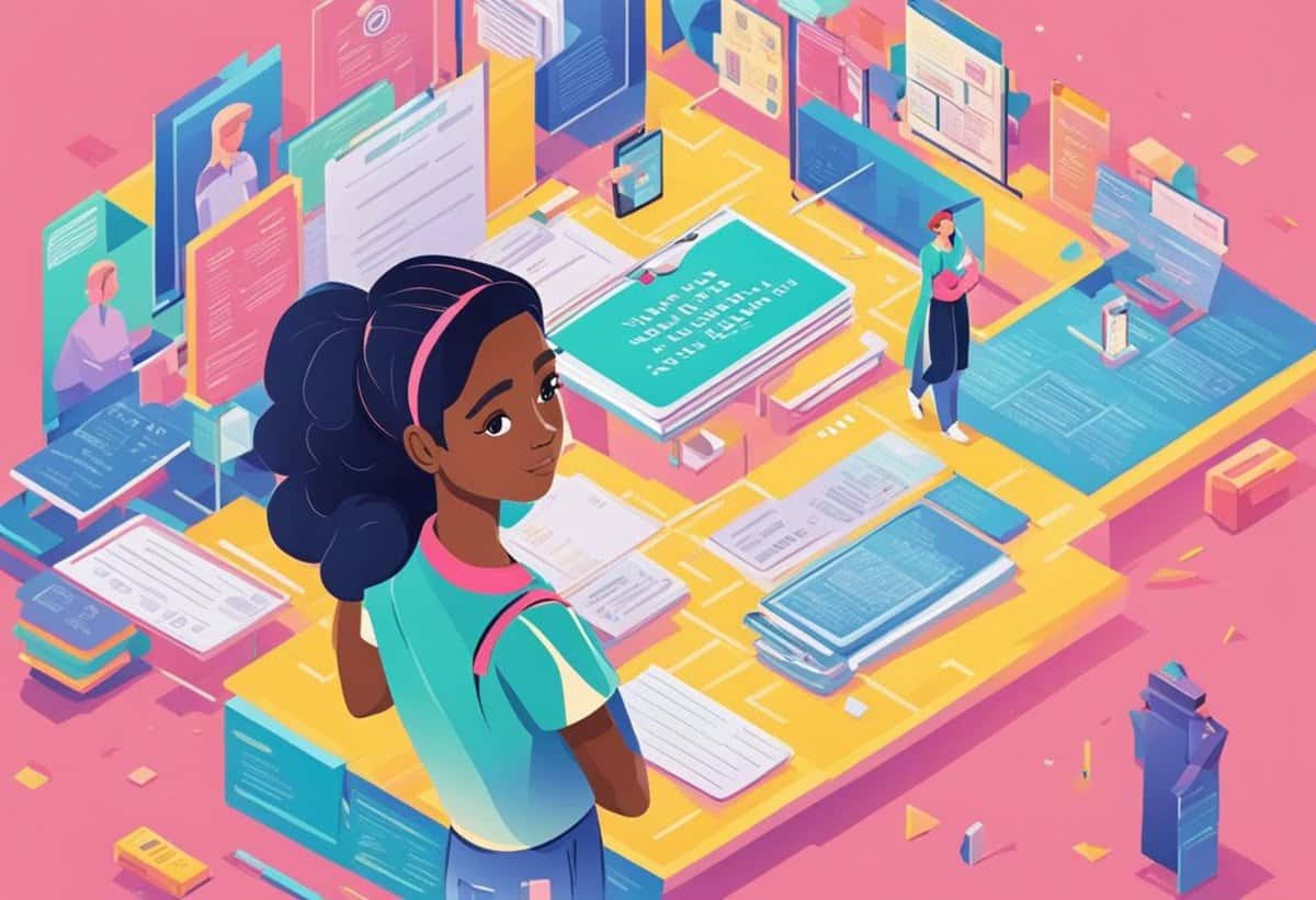 Illustration of a young woman in an office setting with vibrant, oversized books and paperwork, interacting with digital interfaces while colleagues work nearby.