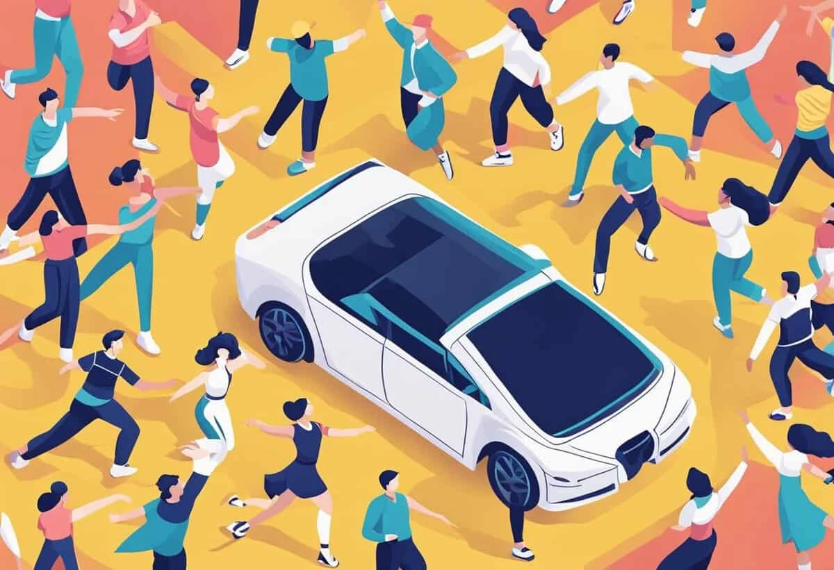 An illustration of a white car moving slowly through a crowd of diverse people engaged in various activities on a yellow background.