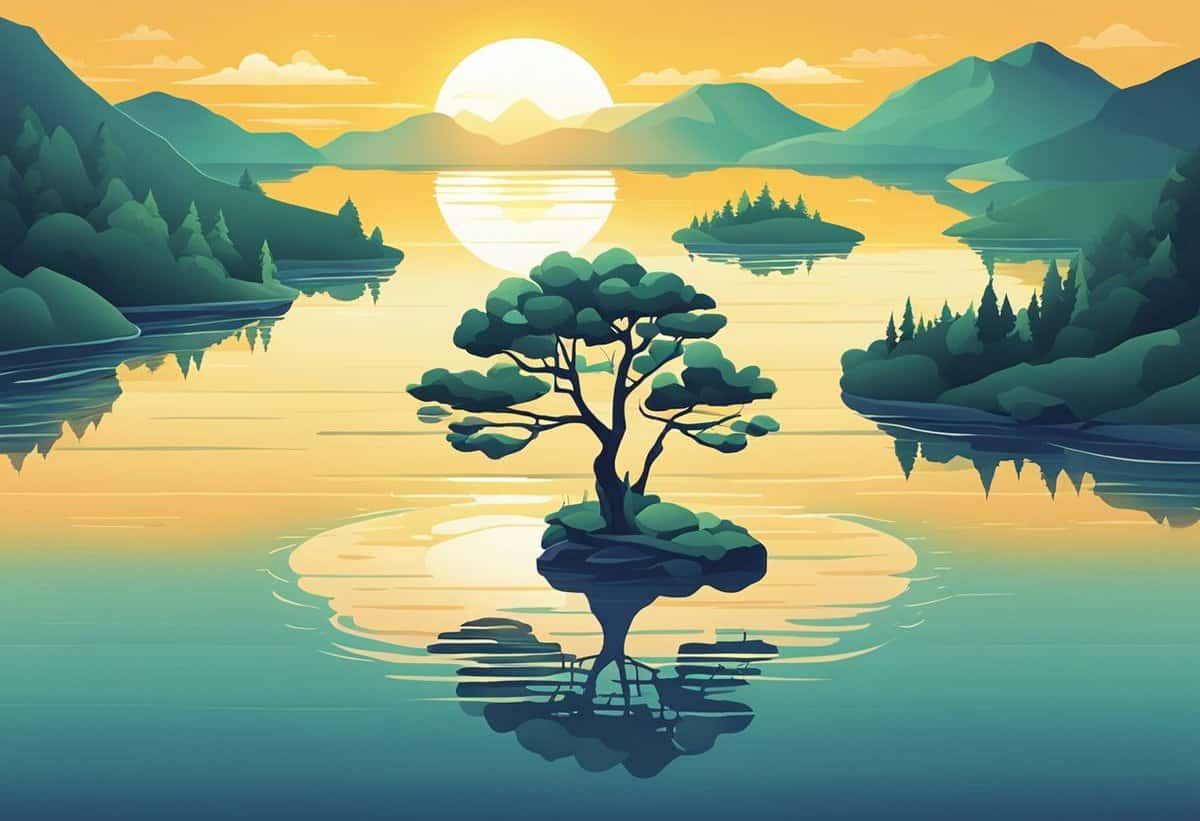 Illustration of a serene landscape featuring a lone tree on a small island in the center of a lake, with mountains and a sunset in the background.