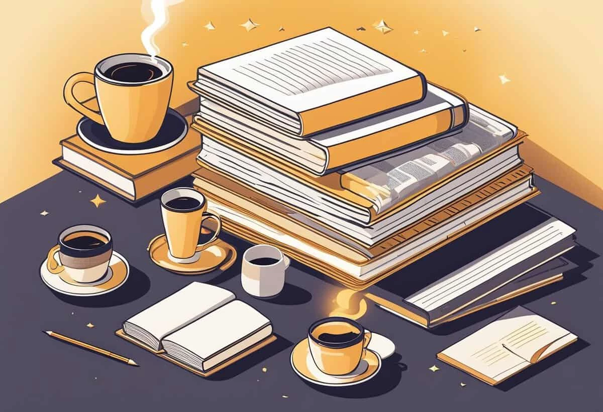 Illustration of a stack of books with a cup of coffee on a table, accompanied by an open book and two additional cups of coffee, with a warm, starry background.