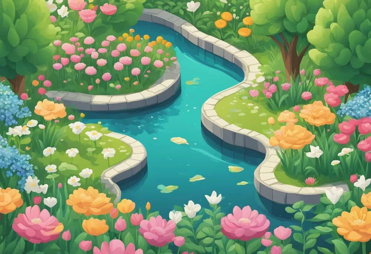 Vibrant illustration of a winding river surrounded by lush gardens with colorful flowers and green trees.