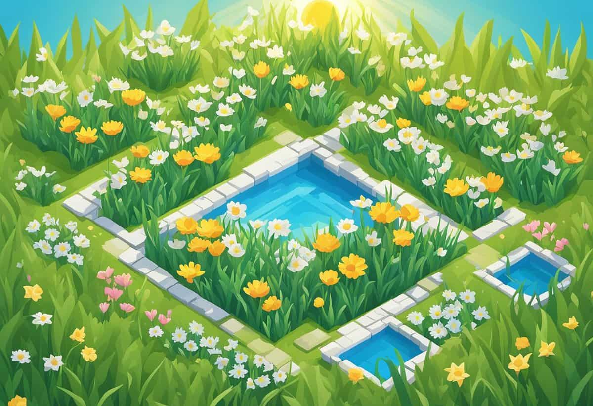 Illustration of a vibrant garden with a central water feature surrounded by lush green grass and colorful flowers under a sunny sky.