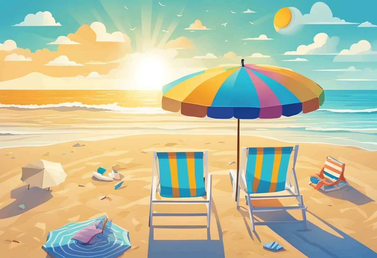 Illustration of a sunny beach scene featuring two striped beach chairs under a colorful umbrella, with nearby seashells and a bright sun in the sky.