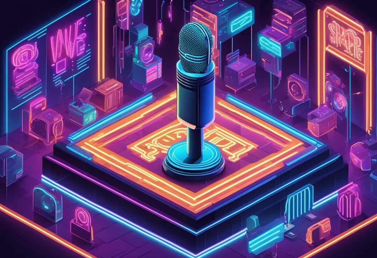 A neon-lit digital illustration featuring a microphone at the center on a platform, surrounded by various glowing neon signs and symbols.