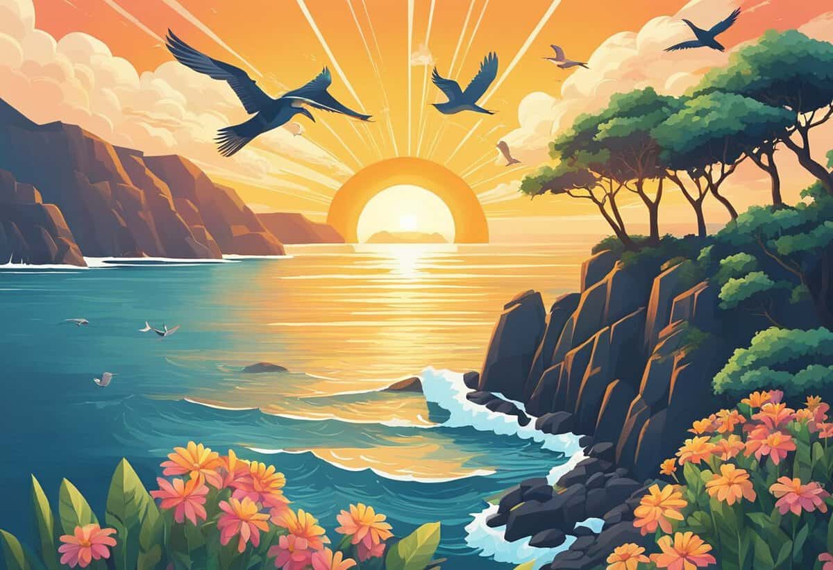 Illustration of a scenic coastal sunset with seagulls flying, a rugged cliff, ocean waves, and vibrant flora in the foreground.