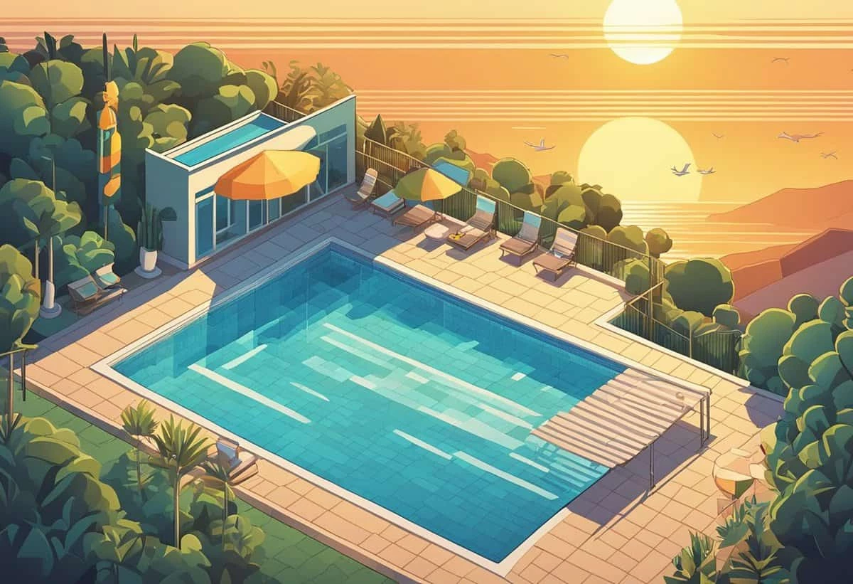 Illustration of a poolside view at sunset, featuring lounge chairs, an umbrella, a modern house, and a lush forest backdrop with flying birds.