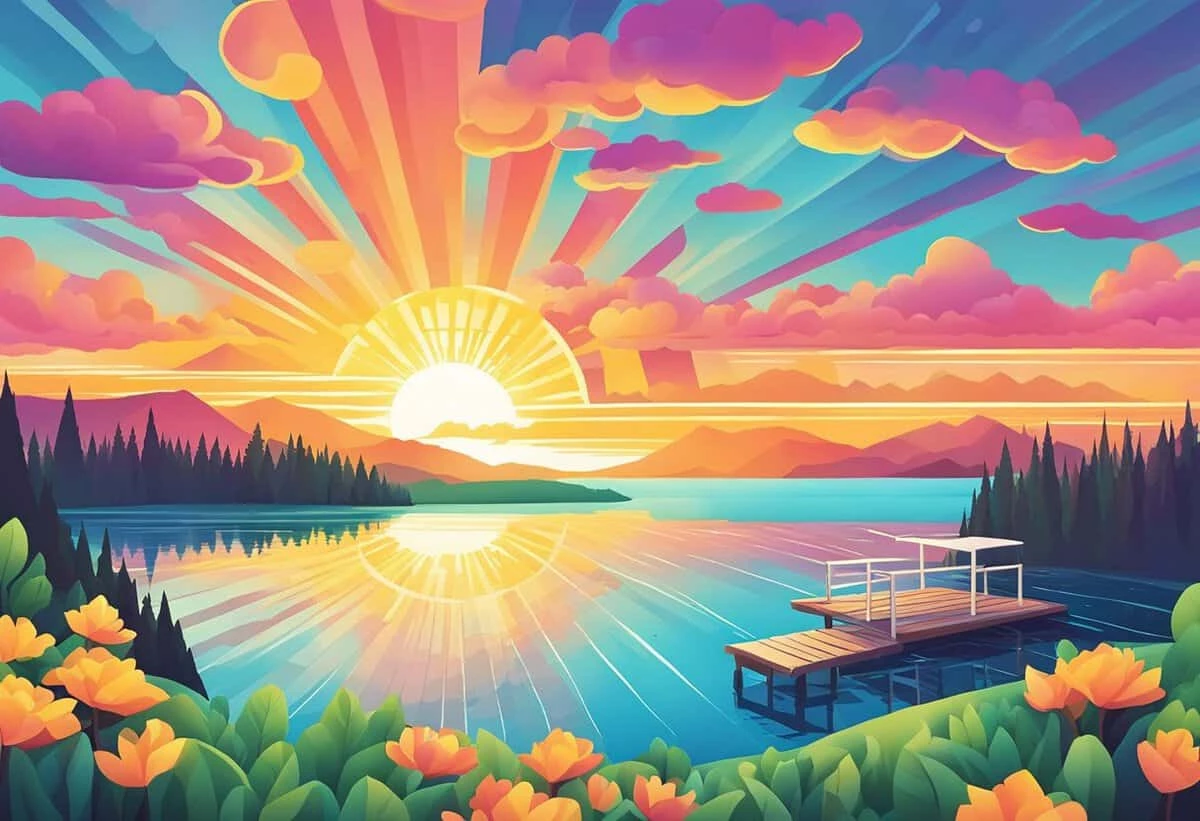 Illustration of a vibrant sunset over a lake with a dock, surrounded by mountains and colorful sky with dynamic cloud patterns.