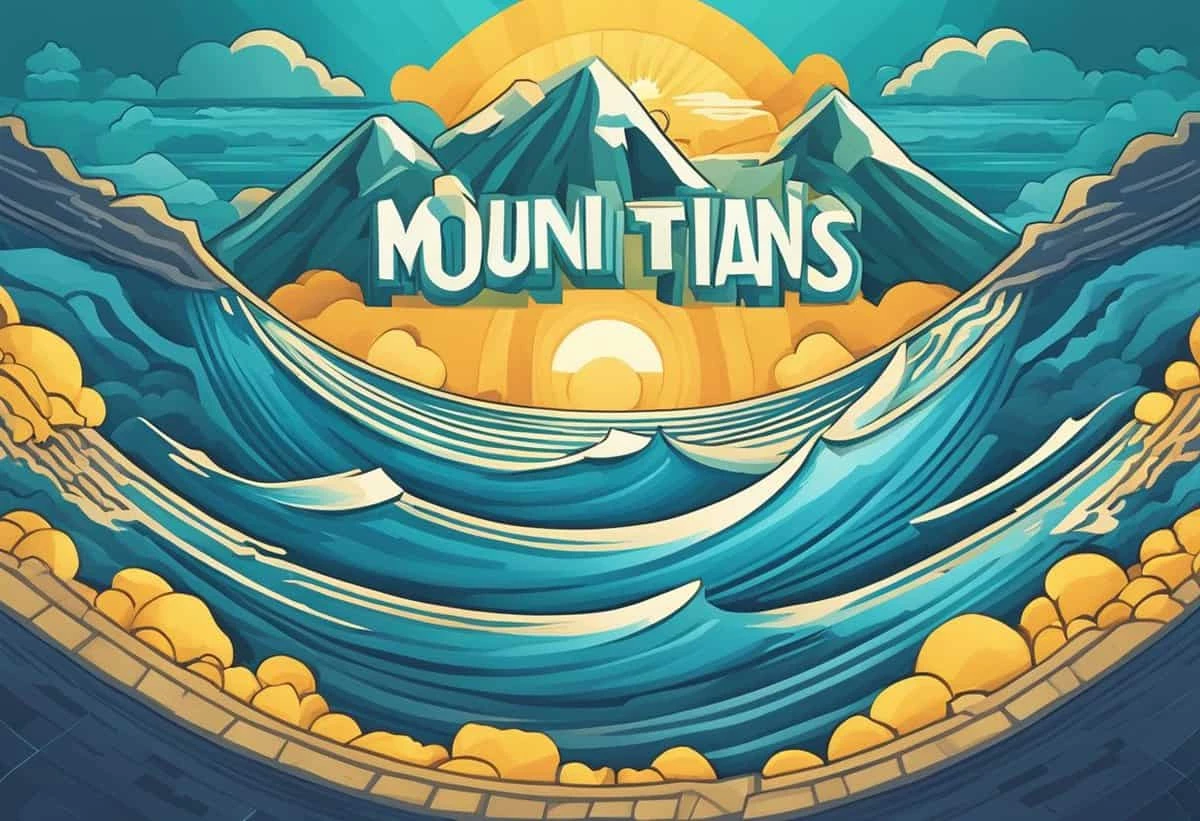 Illustrative poster depicting stylized blue waves and yellow rolling hills framing bold text "mountains" set against a backdrop of sharp peaks under a cloudy sky.