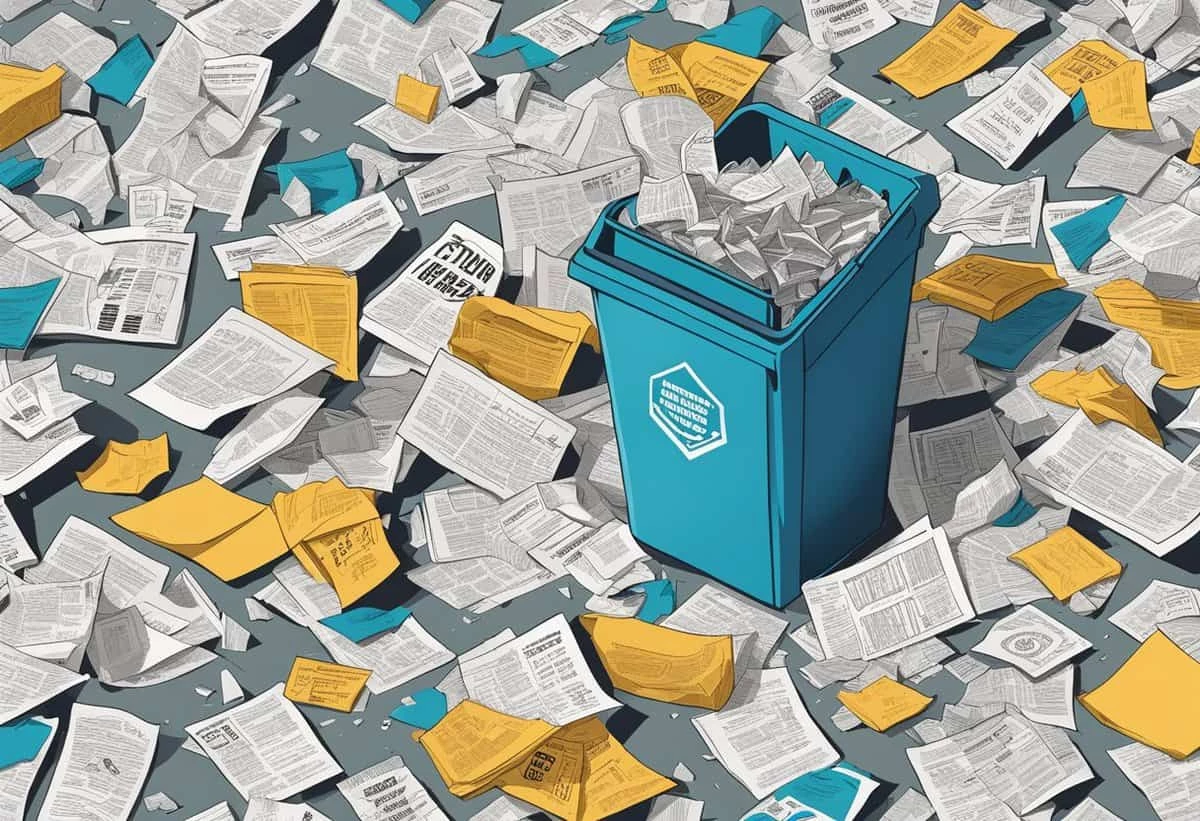 A blue recycling bin overflowing with crumpled papers surrounded by scattered newspapers and documents on the floor.