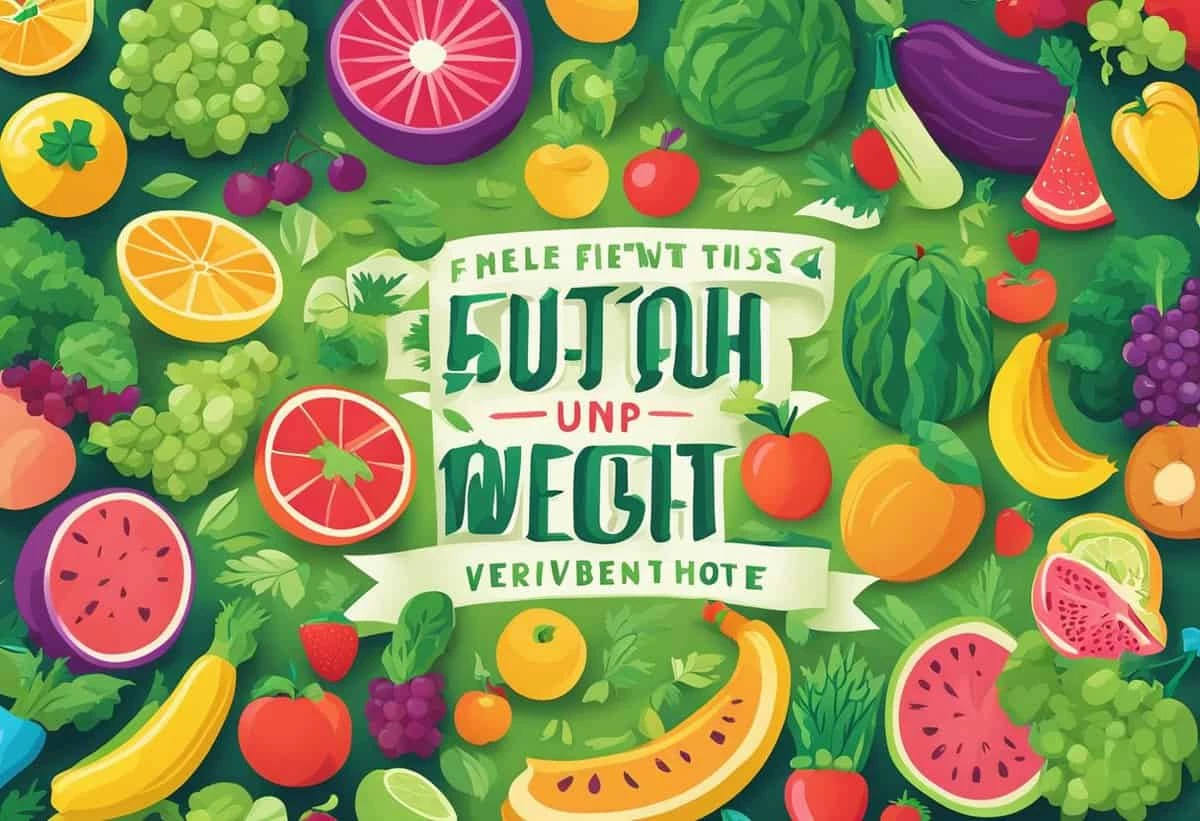 Illustration of various colorful fruits and vegetables with decorative text "fresh & healthy" in the center, on a vibrant green background.