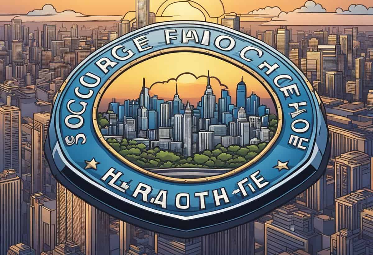 Illustration of a circular badge featuring a stylized city skyline within it, surrounded by a blue and gold border with indecipherable text.
