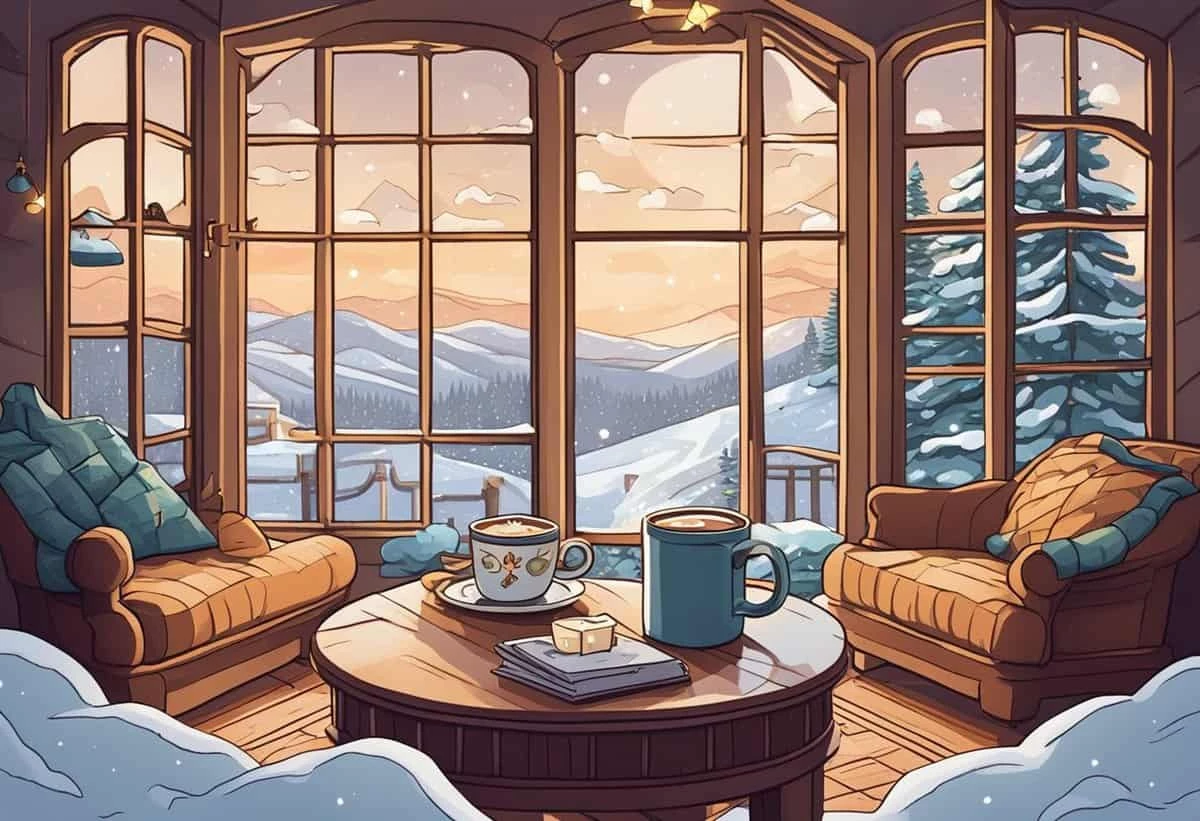 Illustration of a cozy winter cabin interior with a view of snowy mountains through large windows, featuring armchairs, a coffee table with a mug and book, and warm golden lighting.