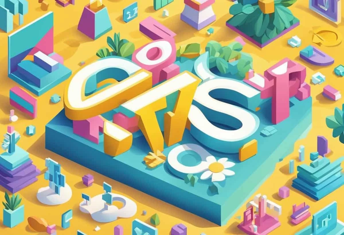 Colorful isometric illustration featuring 3d letters "cts" surrounded by abstract shapes, trees, and buildings on a yellow and blue grid.