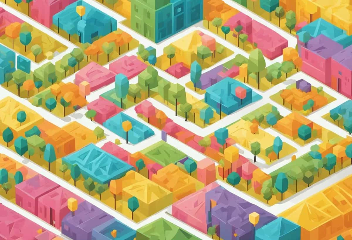 Colorful isometric illustration of a vibrant, planned urban landscape with neatly arranged pastel-colored buildings and tree-lined streets.