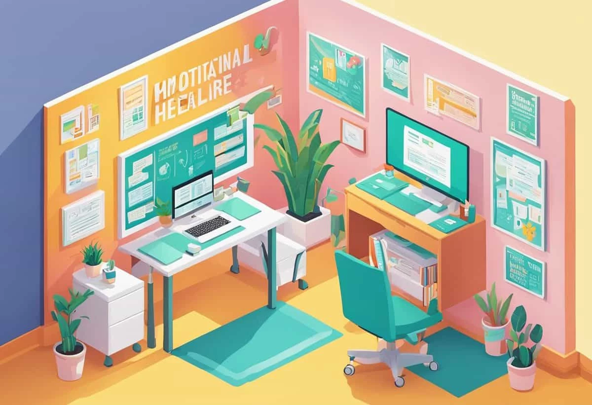 An illustrated home office setup with a desk, computer, chair, and a wall filled with motivational health posters. bright colors and plants are featured.