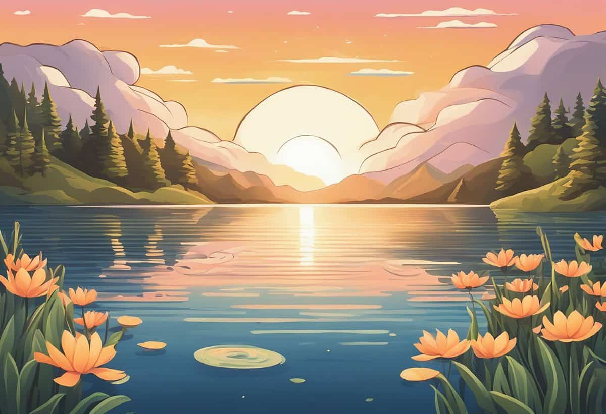 Illustration of a serene lake at sunset with blooming orange flowers in the foreground, surrounded by mountains and pine trees.