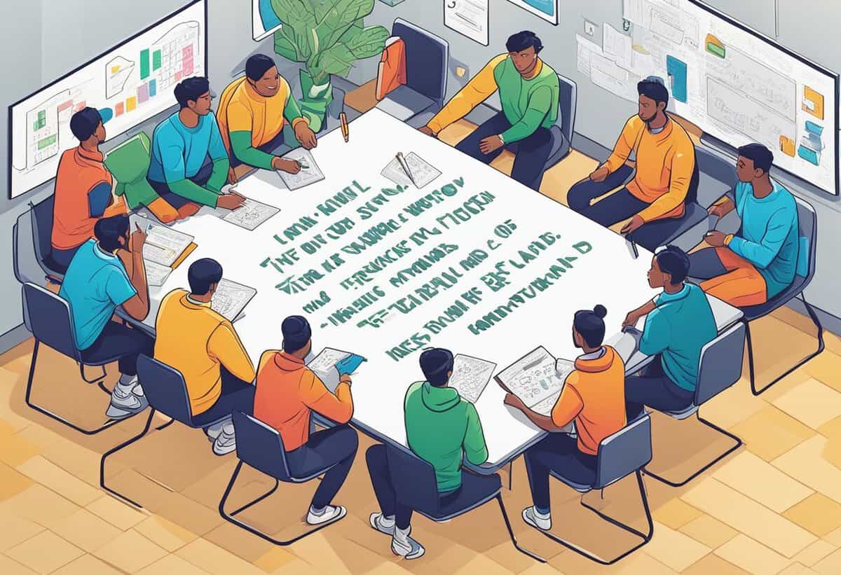 Illustration of a diverse group of professionals having a discussion around a large conference table in a modern office setting.