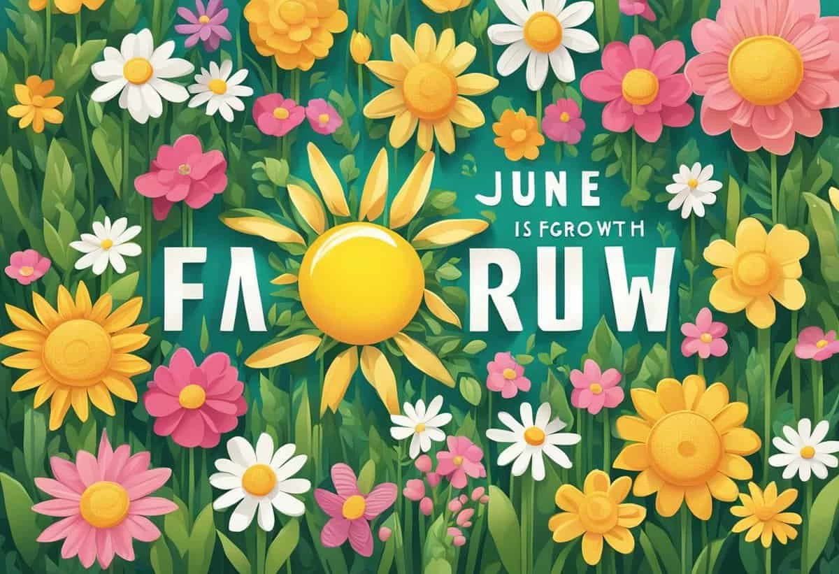 Colorful illustration of various flowers with a sun in the center, surrounded by the text "june is growth" creatively arranged in the foliage.