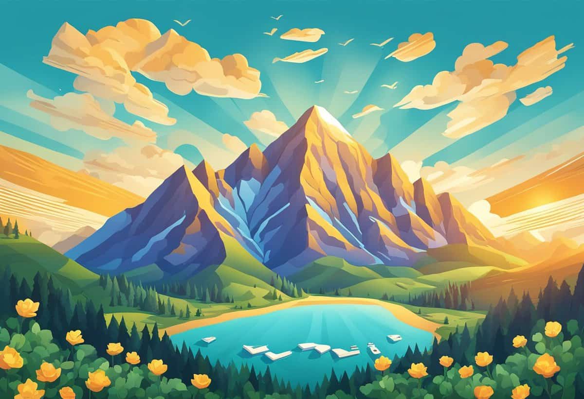 Illustration of a vibrant landscape with a towering mountain, blue lake, yellow flowers in the foreground, birds in the sky, and a sunset backdrop.