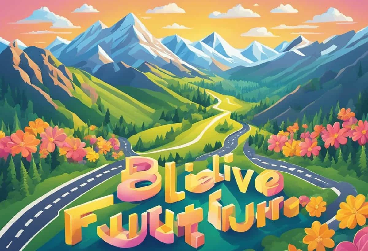 Colorful illustration of a mountainous landscape with a winding road, vibrant flowers, and the words "believe future" in bold 3d letters.