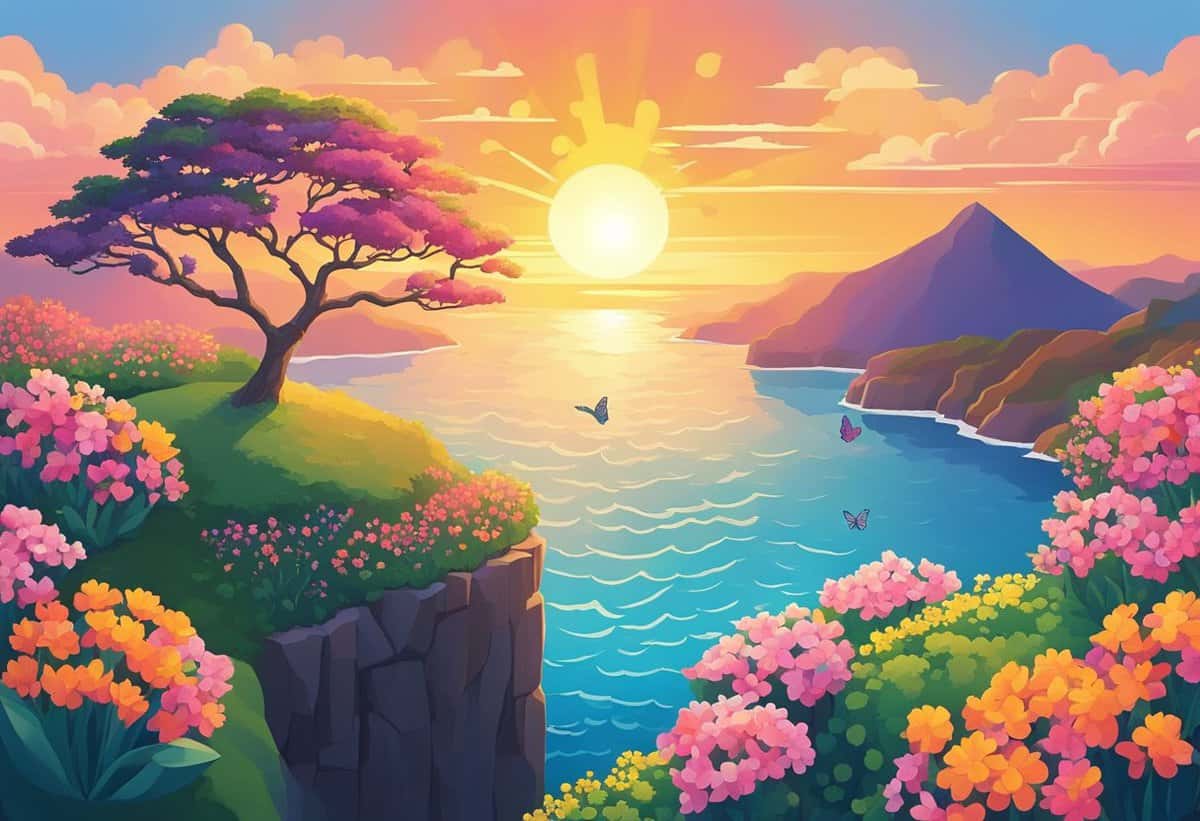 Illustration of a vibrant sunset over a coastal landscape with blooming flowers, a serene sea, flying birds, and a distant mountain.