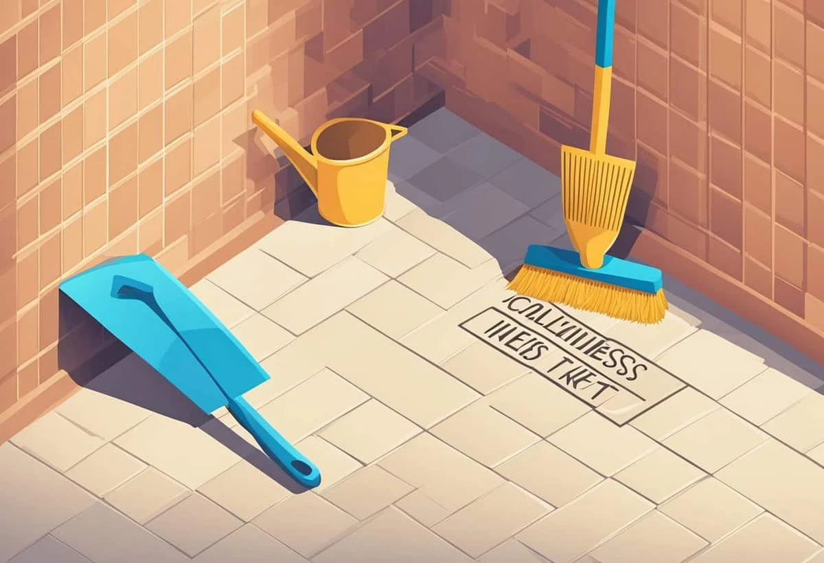 Illustration of cleaning tools in a tiled corner with a dustpan, broom, and a mop next to a mat that reads "cleanliness is next to godliness.