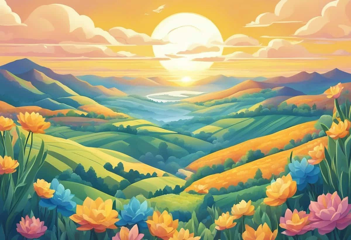Illustration of a vibrant landscape at sunrise with rolling hills, a winding river, and colorful flowers in the foreground.