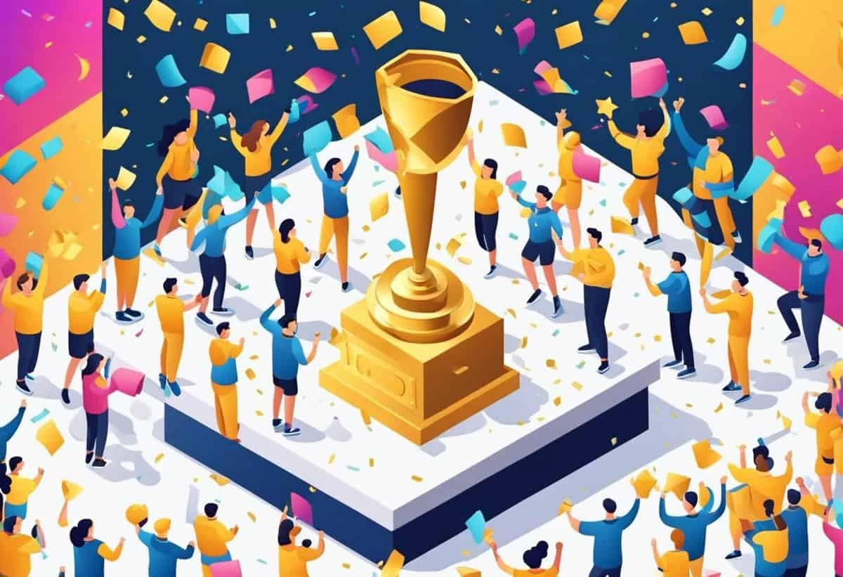 Illustration of a diverse group of people celebrating around a large trophy, with confetti and streamers in the air.