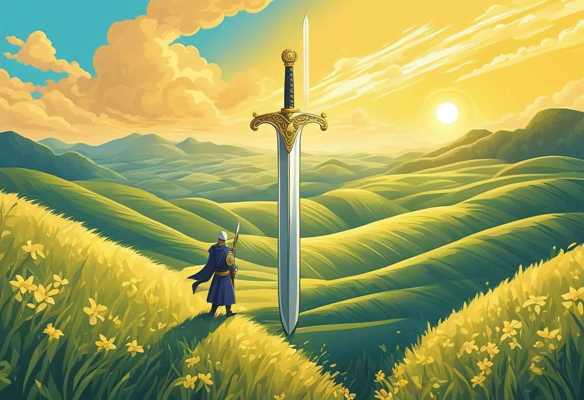 Illustration of a knight standing before a giant sword embedded in undulating green hills under a golden sunrise, with fluffy clouds in the sky.