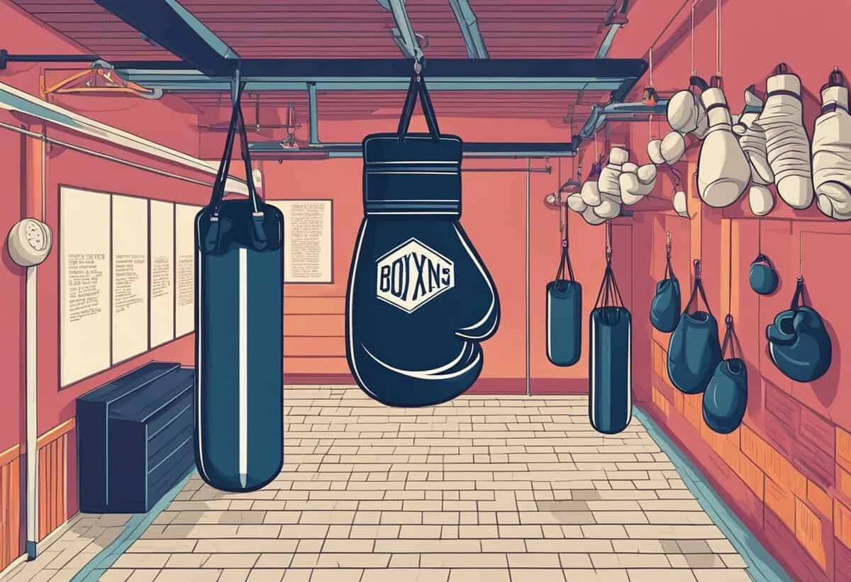 Illustration of a boxing gym interior with various hanging punching bags, boxing gloves lined on the wall, and a tiled floor.