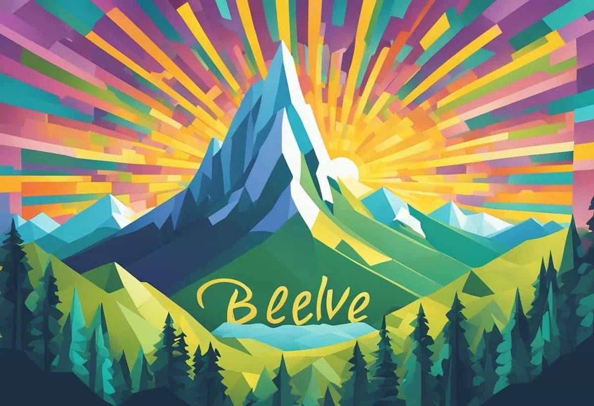 Colorful geometric illustration of a mountain landscape with radiant sunbeams in the background and the word "believe" at the bottom.