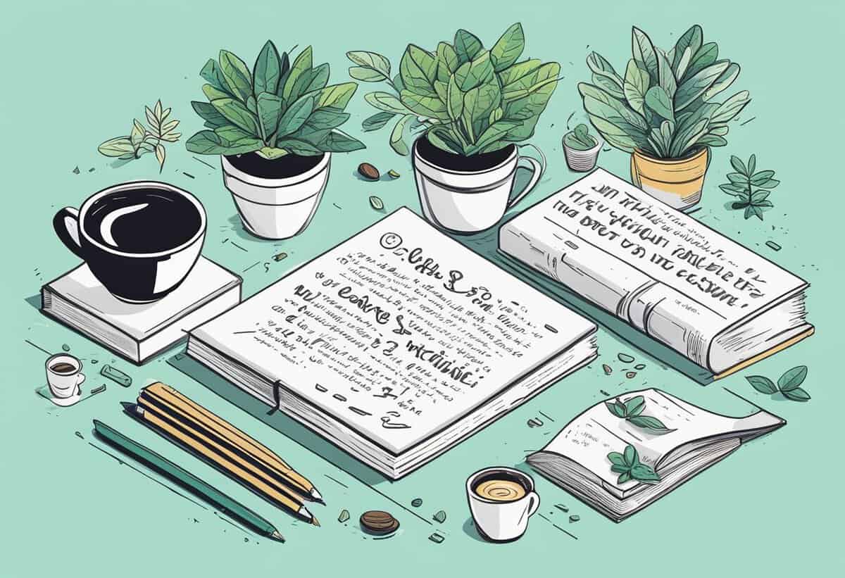 Illustration of a creative workspace with books, a sketchbook, pencils, a coffee cup, and potted plants on a pastel background.