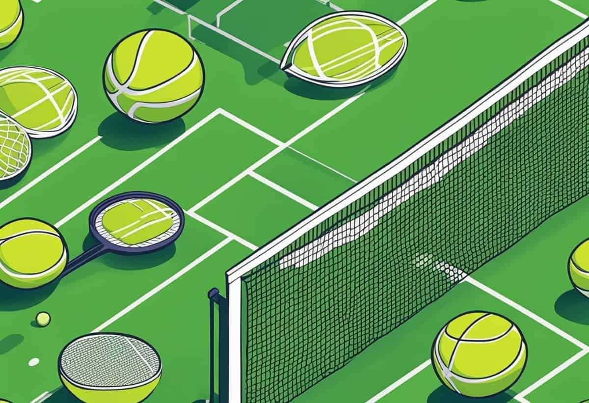 Illustration of multiple tennis courts with rackets and balls, highlighting an aerial view of green playing surfaces and white lines.