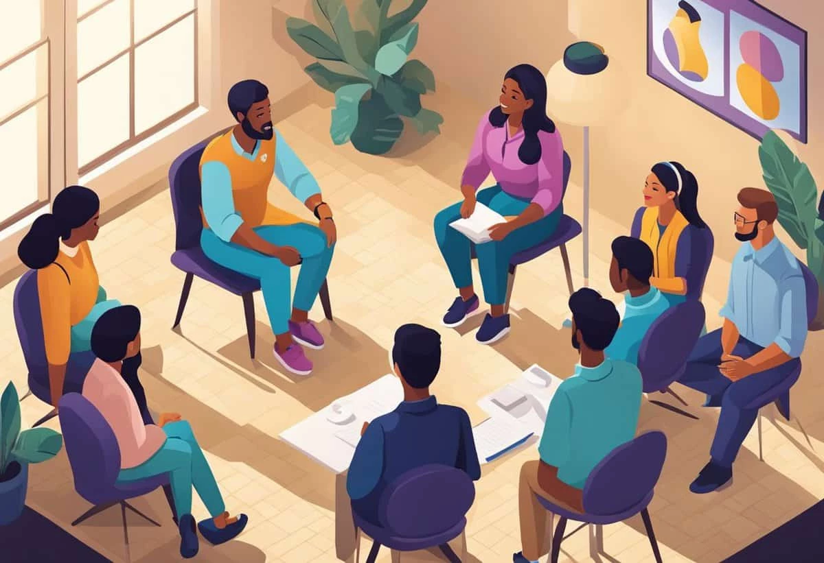 Illustration of a diverse group of eight adults in a casual meeting setting with one person speaking and the others listening attentively.