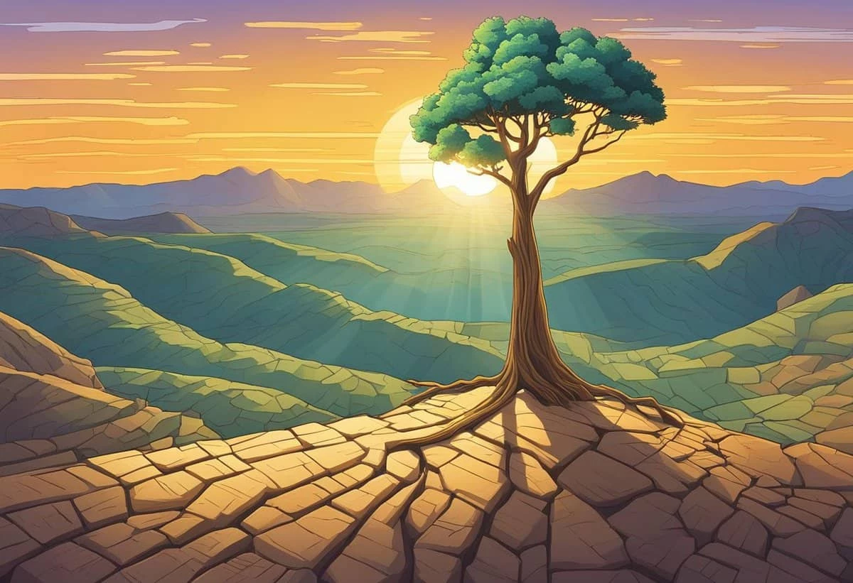 Illustration of a solitary tree on a cracked terrain overlooking a layered mountain landscape at sunrise.