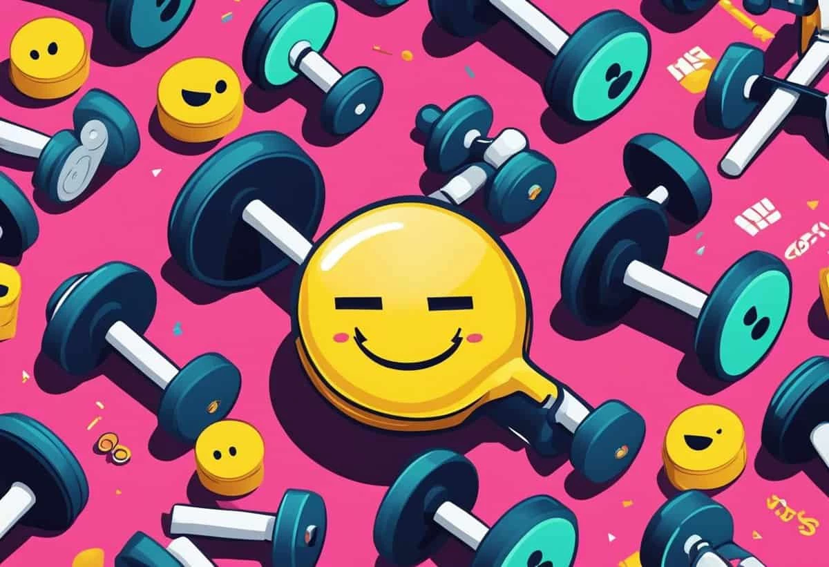 Illustration of smiling yellow emojis and assorted dumbbells scattered across a vivid pink background.