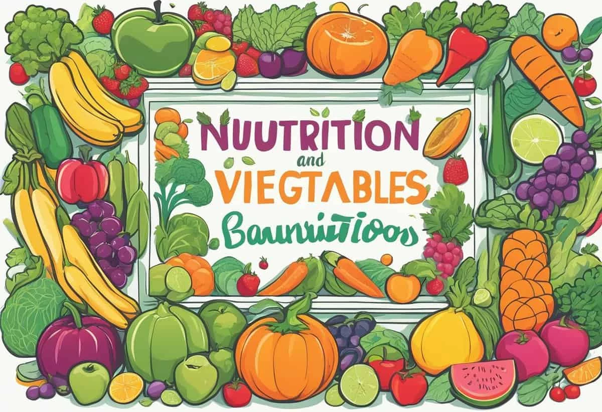 Illustration of a colorful variety of fruits and vegetables framing a sign that reads "nutrition and vegetables bountilicious.