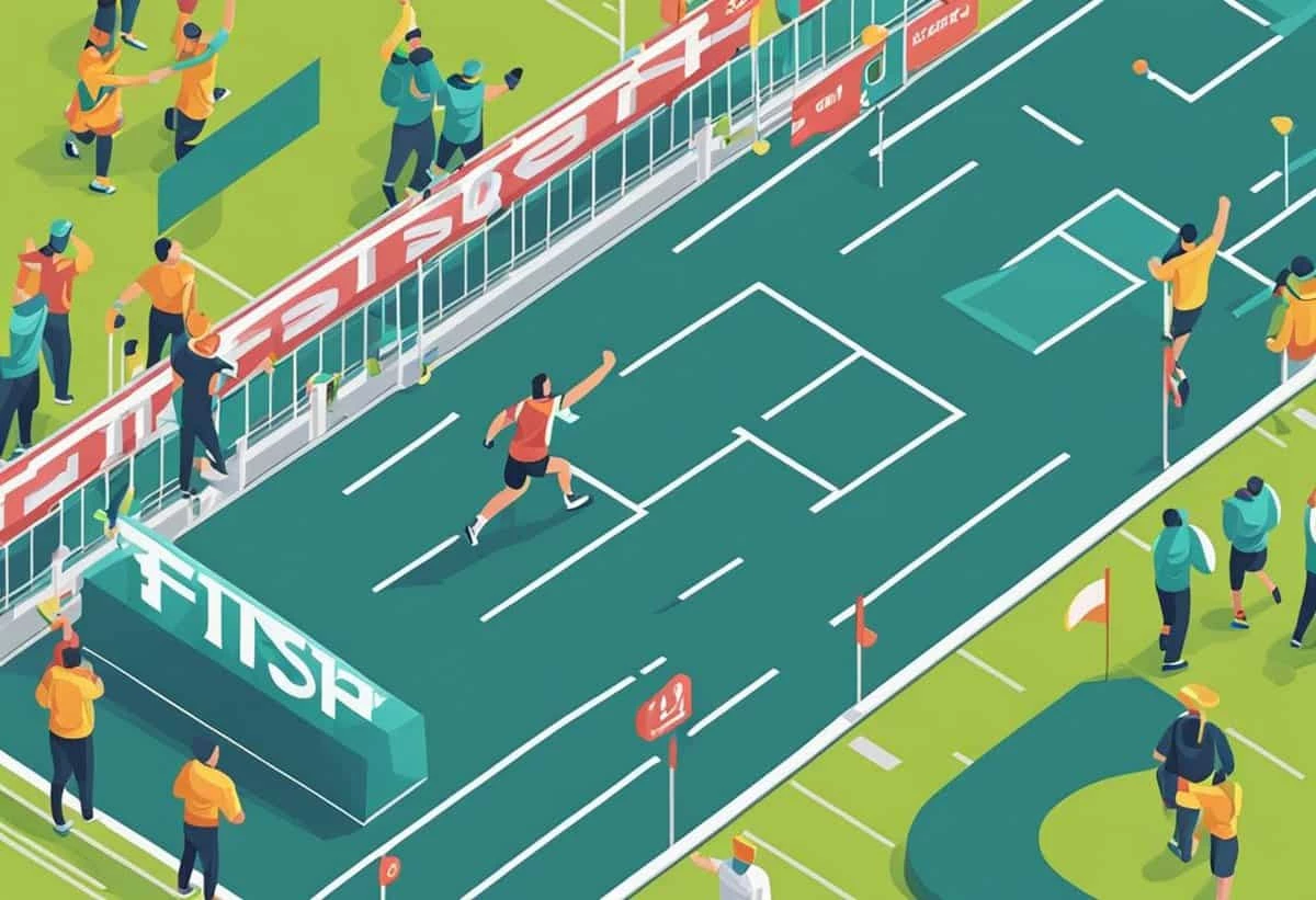 Illustration of a track event showing an athlete sprinting towards the finish line with spectators cheering from both sides.