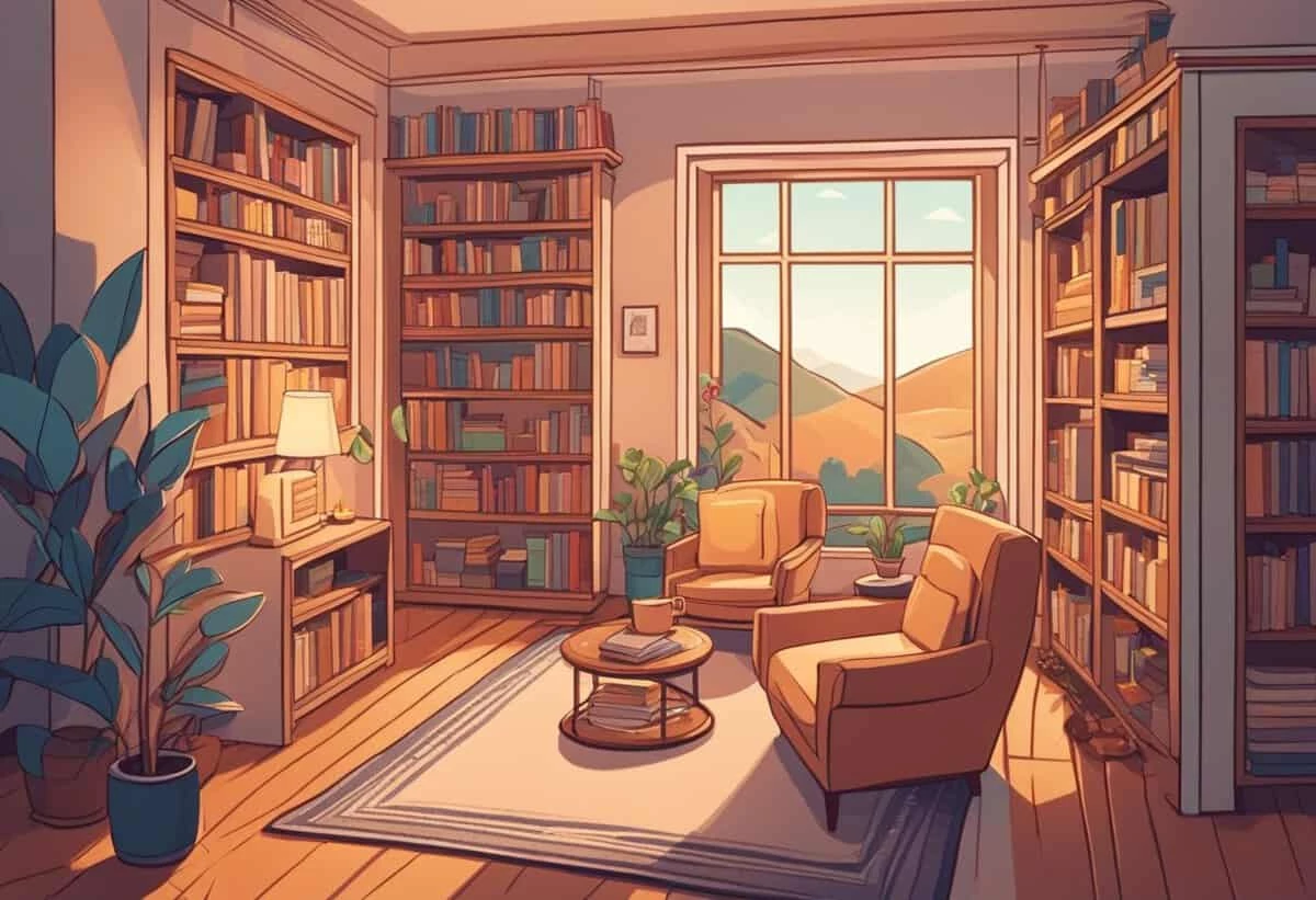 Illustration of a cozy home library with two armchairs, bookshelves, a plant, and a window overlooking mountains at sunset.
