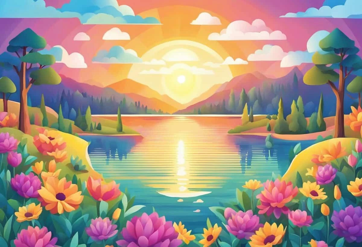 Colorful illustration of a serene lakeside landscape at sunset, with vibrant flowers in the foreground and forested hills in the background under a pink and purple sky.