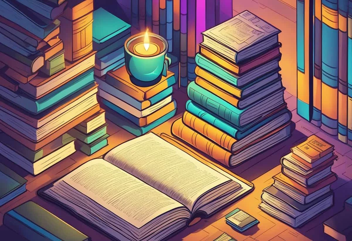 A vibrant illustration of an open book on a desk surrounded by stacked books and a lit candle, with colorful lighting and shadows.