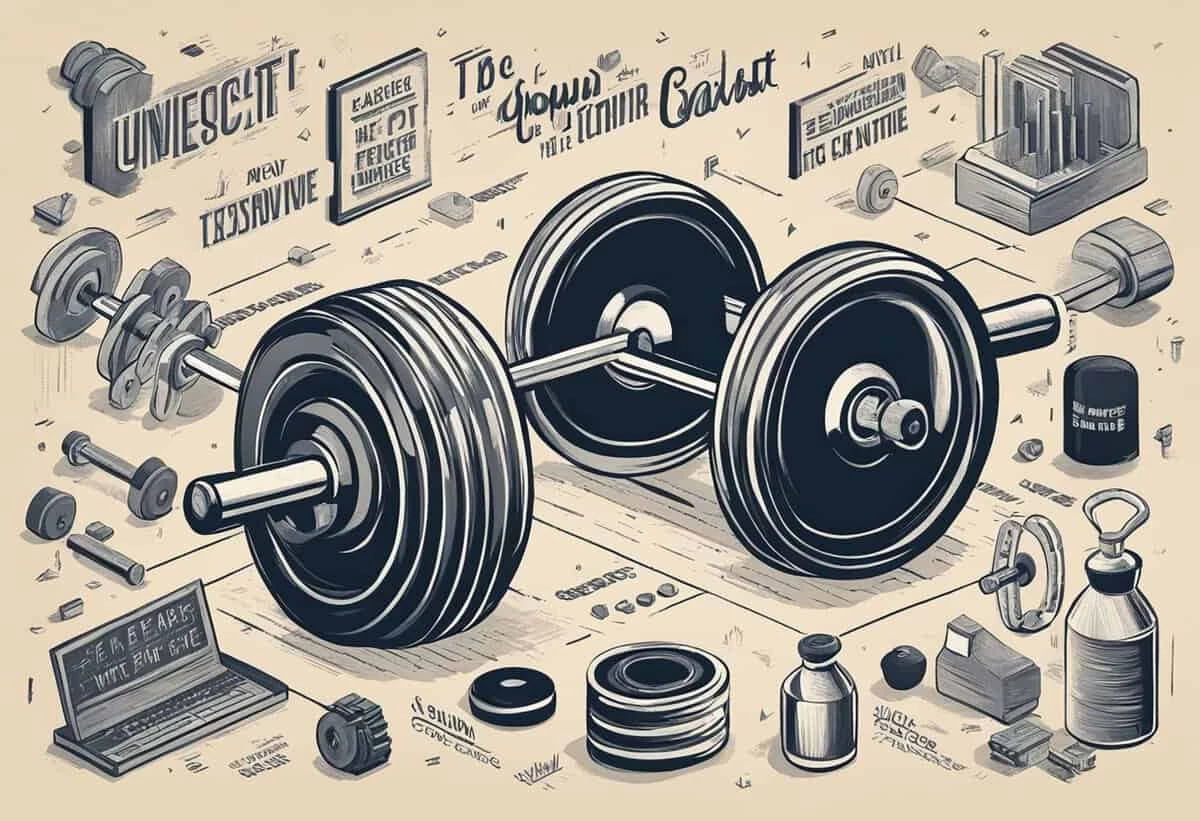 Illustration of a gym setup featuring a heavy barbell, weight plates, and fitness accessories like dumbbells, a journal, and protein supplements, annotated with playful, motivational phrases.