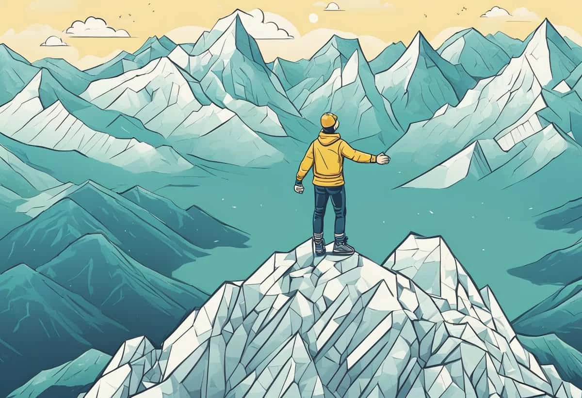 A person in a yellow jacket stands on a mountain peak, with a panoramic view of a vast range of snow-capped mountains under a sky with clouds.