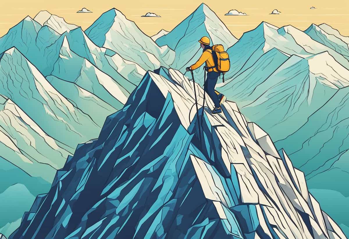A hiker stands on a jagged mountain peak overlooking a range of snow-capped mountains under a yellow and blue sky.