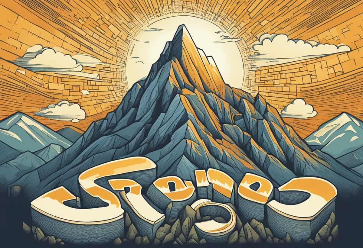 Illustration of a stylized mountain with the word "series" in bold letters flowing at its base, amidst clouds and a sunburst background with geometric patterns.