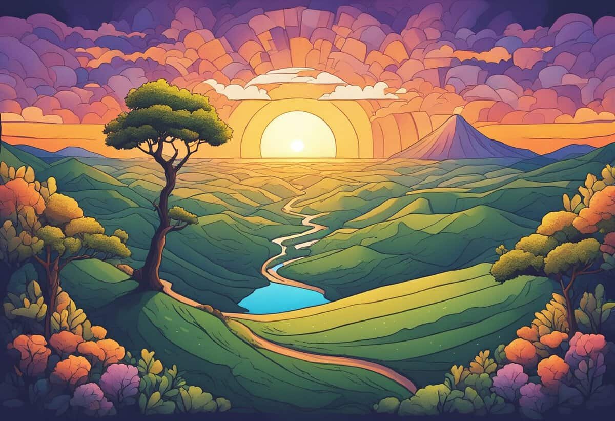 A vibrant, stylized illustration of a sunset over a valley with a river flowing between rolling green hills, flanked by trees and distant mountains.