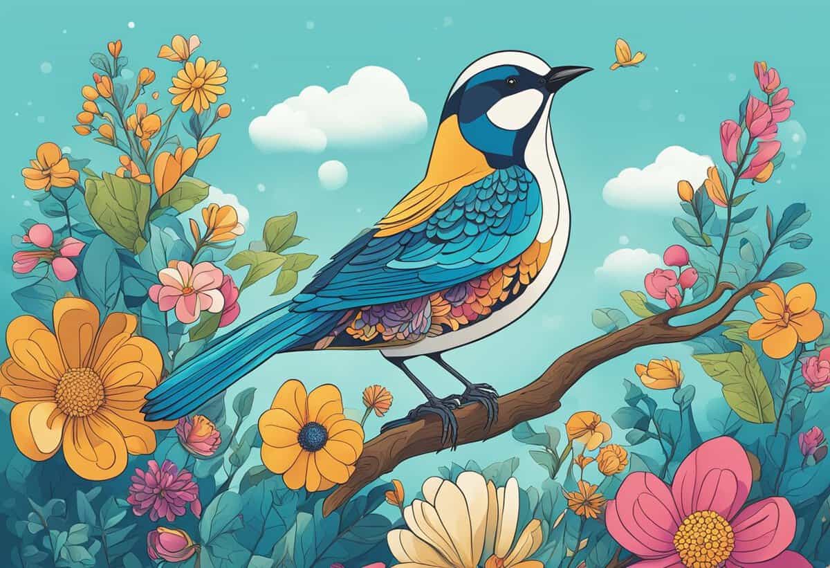 Illustration of a colorful bird perched on a branch surrounded by vibrant flowers and a blue sky with clouds.