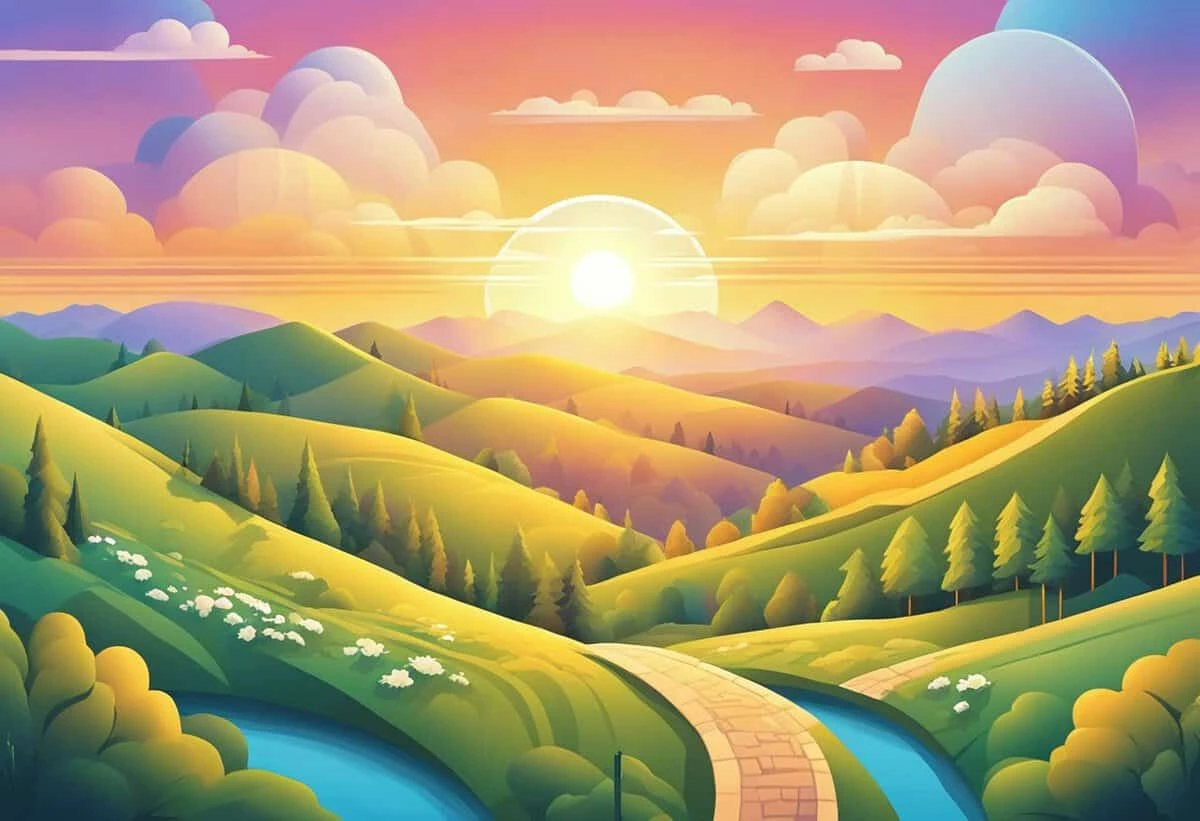 Colorful illustration of a sunrise over rolling hills, featuring a river, pathway, and vibrant, layered clouds in the sky.