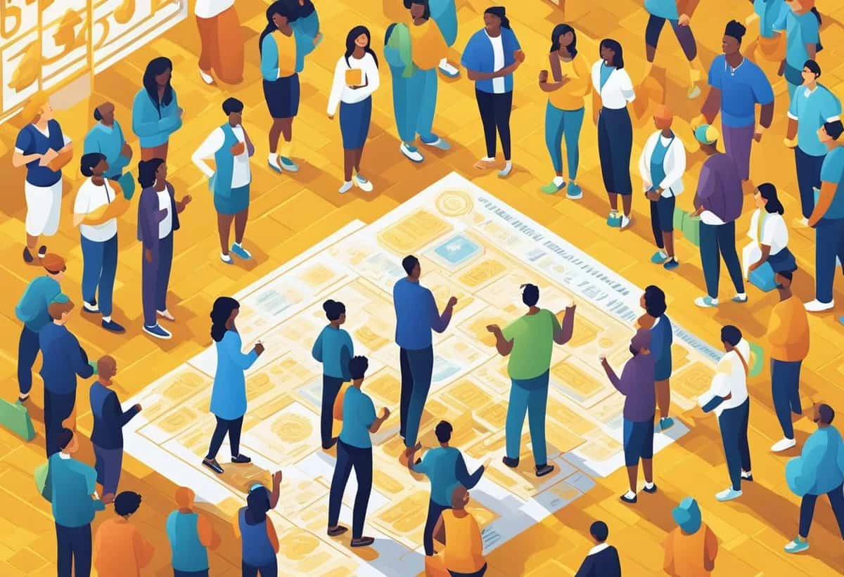 Illustration of a diverse group of people in business and casual attire engaging in discussions around large printed spreadsheets on the floor.